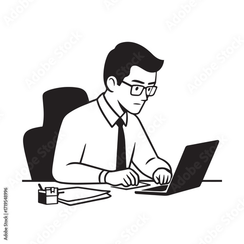 Black and white line art of a hardworking man at office desk with laptop and documents minimalist illustration