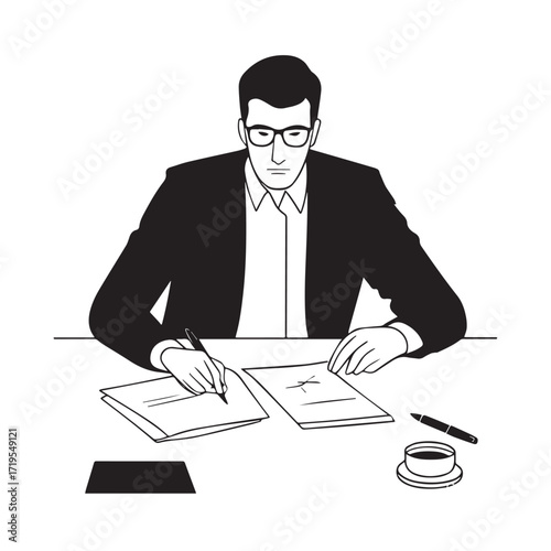 Black and white line art of a hardworking man at office desk with laptop and documents minimalist illustration