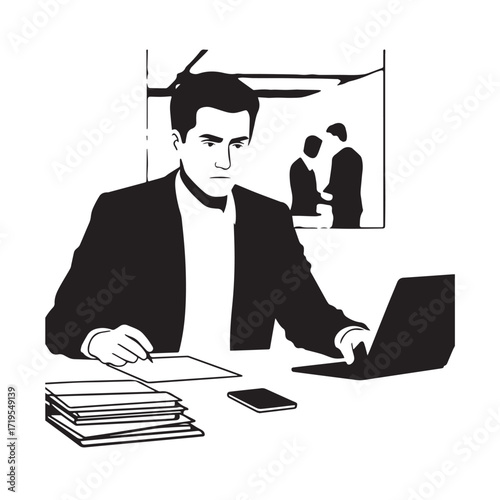 Black and white line art of a hardworking man at office desk with laptop and documents minimalist illustration