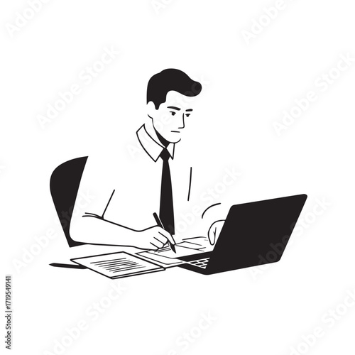 Black and white line art of a hardworking man at office desk with laptop and documents minimalist illustration