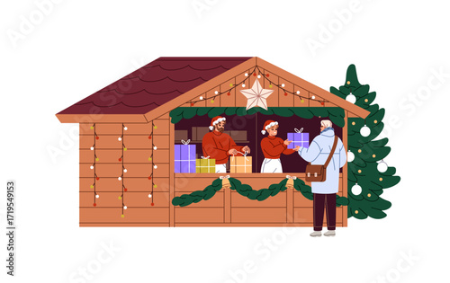 Decorated stall in festive winter market for wrapping Christmas gifts. Chalet, kiosk with Xmas presents. Shop, store with New Year's surprises at funfair. Flat isolated vector illustrations on white.
