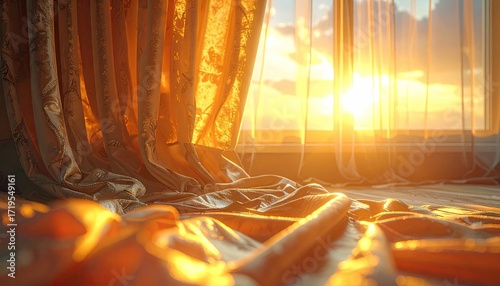 Sunlit Gold Curtains with Bright Window View Golden Hour Dramatic Light and Shadow Interior Home Decor Warm Tones Elegant Fabric Close Up Texture Details