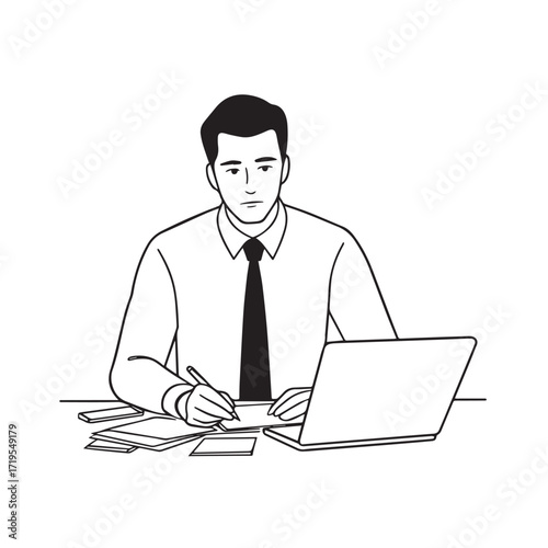 Black and white line art of a hardworking man at office desk with laptop and documents minimalist illustration