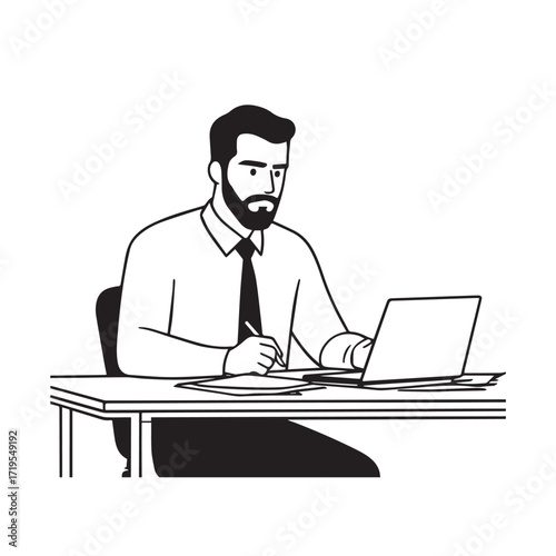 Black and white line art of a hardworking man at office desk with laptop and documents minimalist illustration