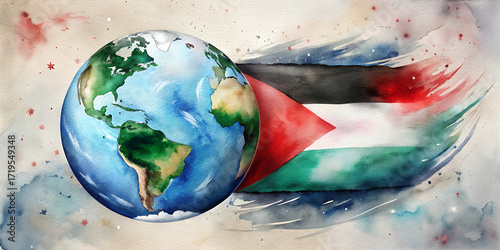 Earth with Palestine flag in watercolor art representing recognition  