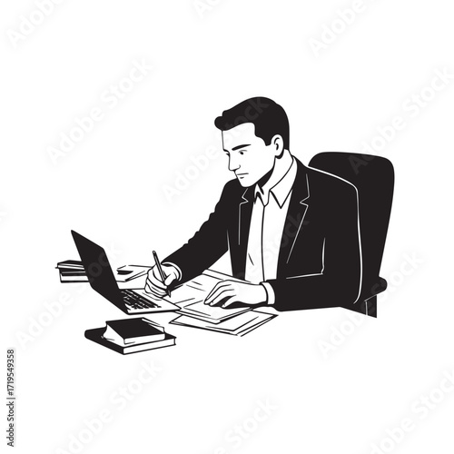 Black and white line art of a hardworking man at office desk with laptop and documents minimalist illustration
