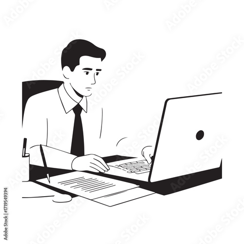 Black and white line art of a hardworking man at office desk with laptop and documents minimalist illustration