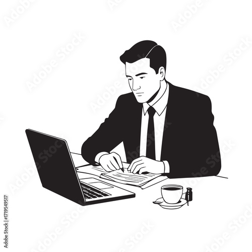 Black and white line art of a hardworking man at office desk with laptop and documents minimalist illustration
