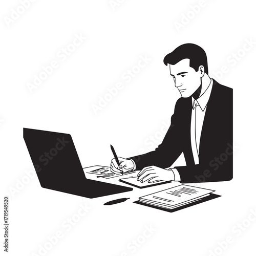 Black and white line art of a hardworking man at office desk with laptop and documents minimalist illustration