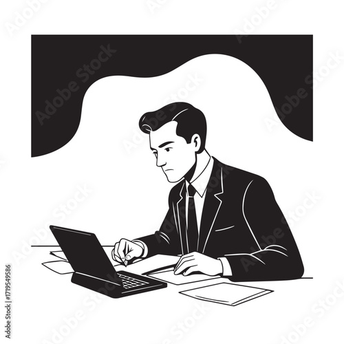 Black and white line art of a hardworking man at office desk with laptop and documents minimalist illustration