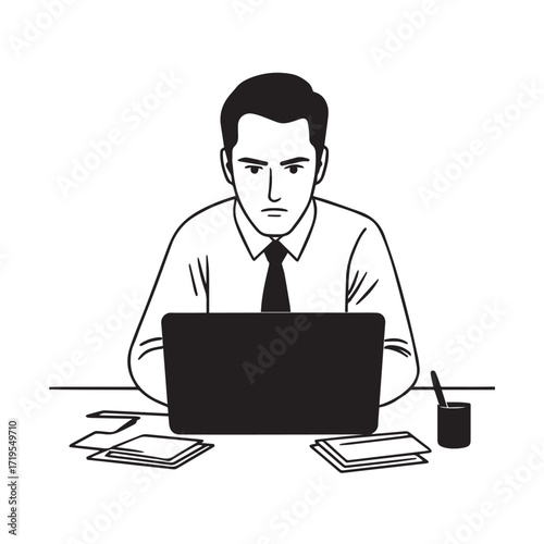 Black and white line art of a hardworking man at office desk with laptop and documents minimalist illustration