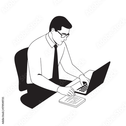 Black and white line art of a hardworking man at office desk with laptop and documents minimalist illustration