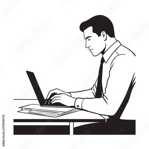 Black and white line art of a hardworking man at office desk with laptop and documents minimalist illustration