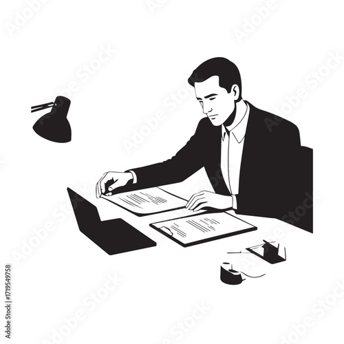 Black and white line art of a hardworking man at office desk with laptop and documents minimalist illustration