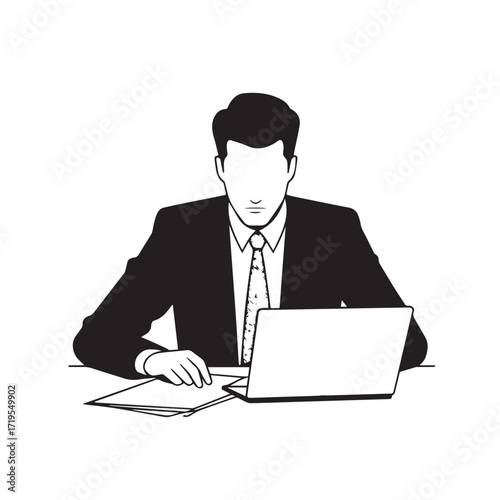 Black and white line art of a hardworking man at office desk with laptop and documents minimalist illustration