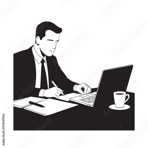 Black and white line art of a hardworking man at office desk with laptop and documents minimalist illustration