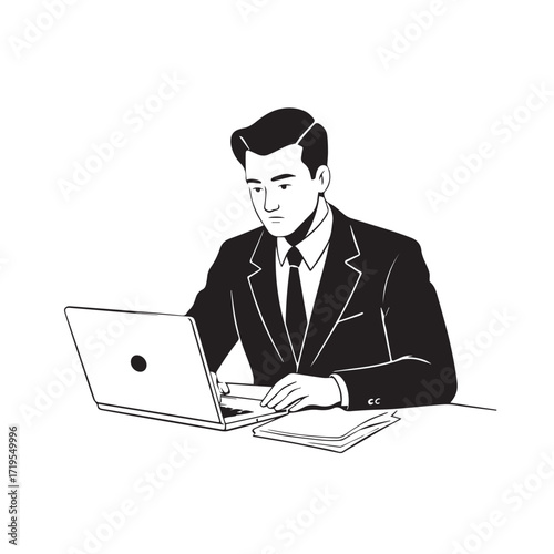 Black and white line art of a hardworking man at office desk with laptop and documents minimalist illustration
