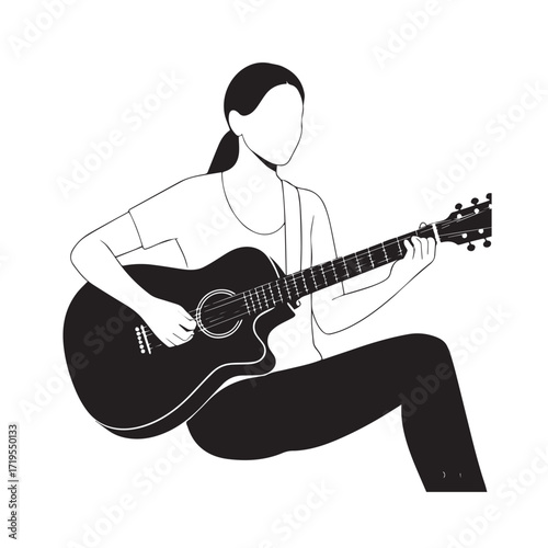 Black and white line art of a cool woman playing guitar in casual outfit minimalist stylish illustration
