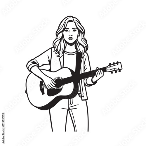 Black and white line art of a cool woman playing guitar in casual outfit minimalist stylish illustration
