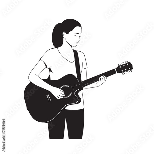 Black and white line art of a cool woman playing guitar in casual outfit minimalist stylish illustration
