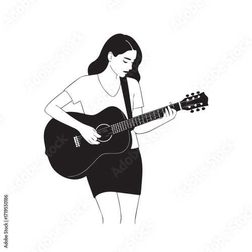 Black and white line art of a cool woman playing guitar in casual outfit minimalist stylish illustration
