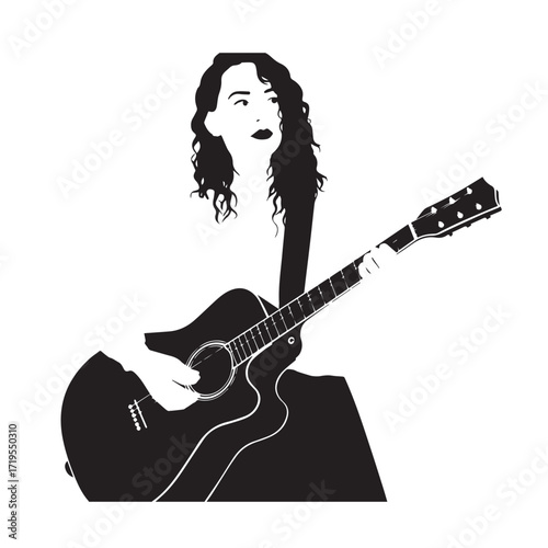 Black and white line art of a cool woman playing guitar in casual outfit minimalist stylish illustration
