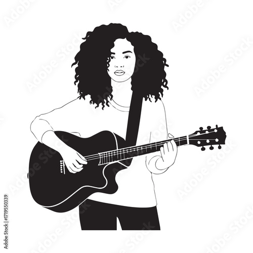 Black and white line art of a cool woman playing guitar in casual outfit minimalist stylish illustration
