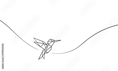 Continious one line drawing of hummingbird origami. Japanese hobby. Vector illustration