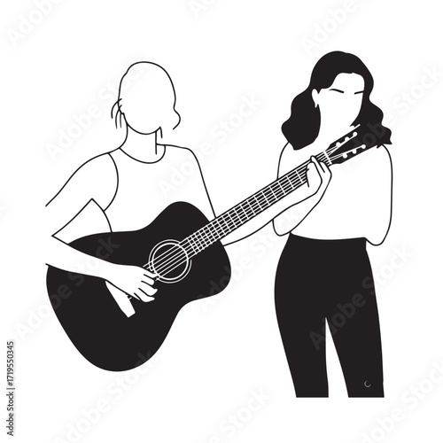 Black and white line art of a cool woman playing guitar in casual outfit minimalist stylish illustration
