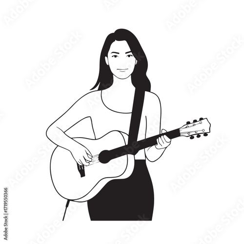 Black and white line art of a cool woman playing guitar in casual outfit minimalist stylish illustration
