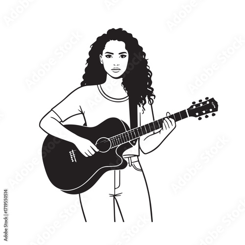 Black and white line art of a cool woman playing guitar in casual outfit minimalist stylish illustration
