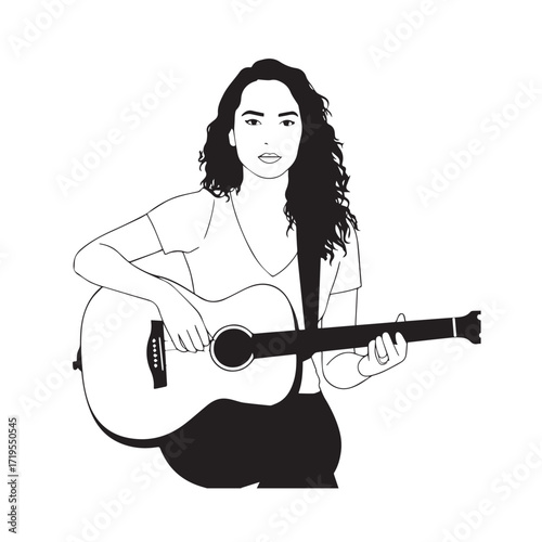 Black and white line art of a cool woman playing guitar in casual outfit minimalist stylish illustration
