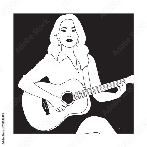 Black and white line art of a cool woman playing guitar in casual outfit minimalist stylish illustration

