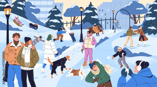 People are in winter park. Couples are walking, kids play snowballs, make snowman, ride tubing on snow on Christmas holiday. Happy families have fun, ice skating in outdoors. Flat vector illustration.