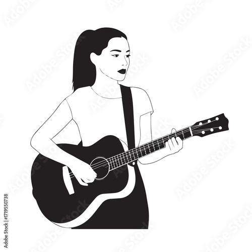 Black and white line art of a cool woman playing guitar in casual outfit minimalist stylish illustration
