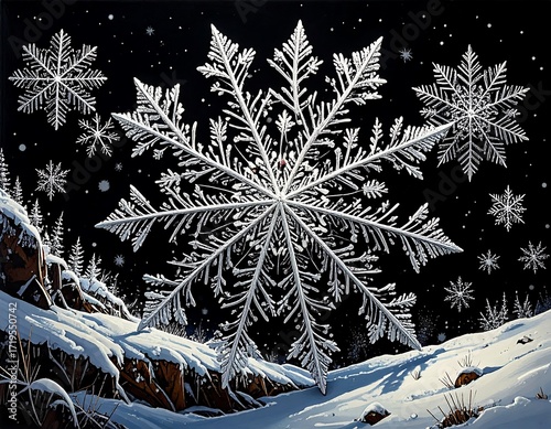 Majestic snowflake against a starry night