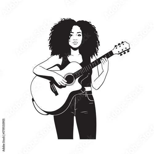 Black and white line art of a cool woman playing guitar in casual outfit minimalist stylish illustration
