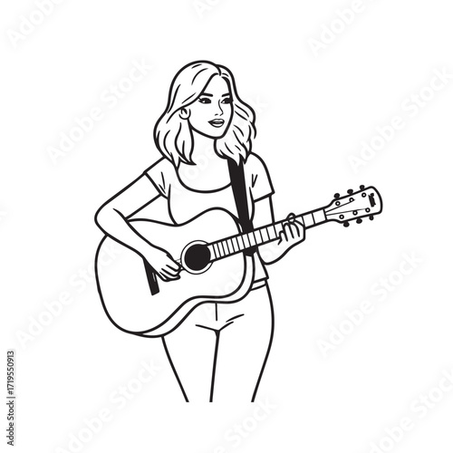 Black and white line art of a cool woman playing guitar in casual outfit minimalist stylish illustration
