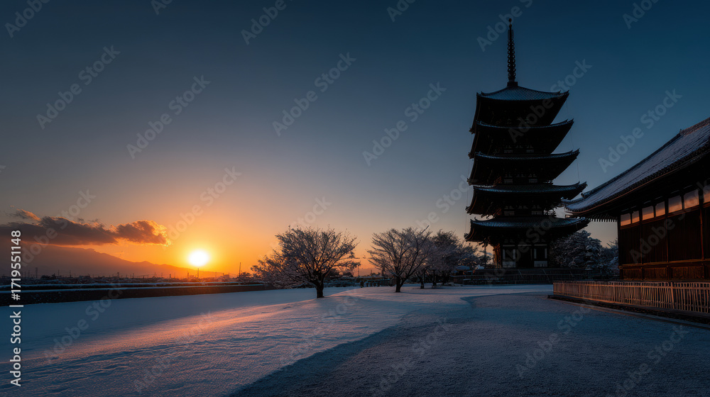 Fototapeta premium magnificent silhouette of temple stands majestically against snowcovered horizon at sunset