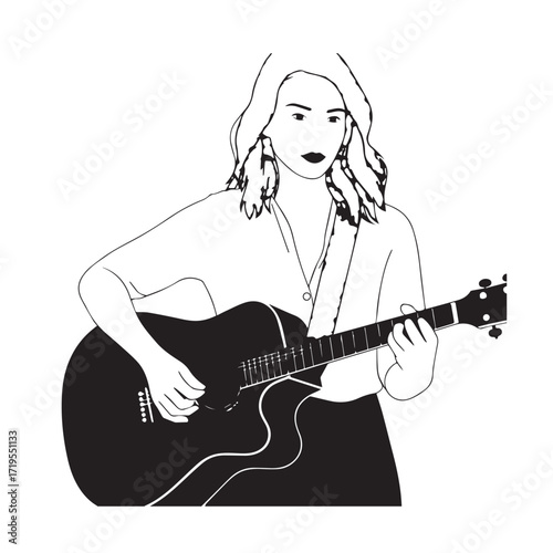 Black and white line art of a cool woman playing guitar in casual outfit minimalist stylish illustration
