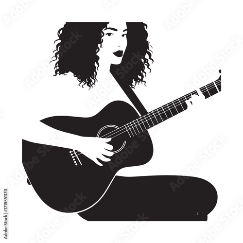 Black and white line art of a cool woman playing guitar in casual outfit minimalist stylish illustration
