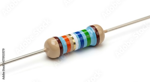 Electronic resistor with color bands on white background