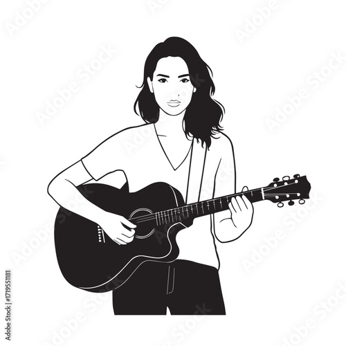 Black and white line art of a cool woman playing guitar in casual outfit minimalist stylish illustration
