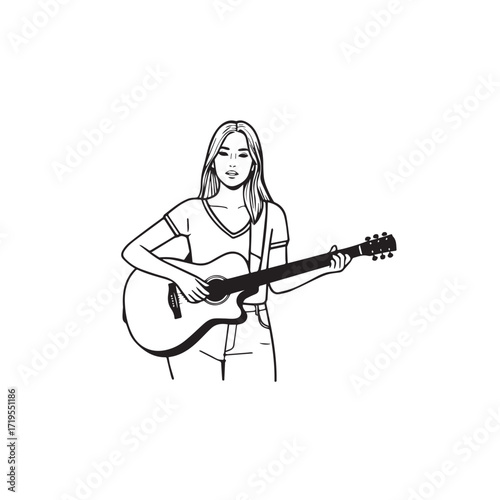 Black and white line art of a cool woman playing guitar in casual outfit minimalist stylish illustration

