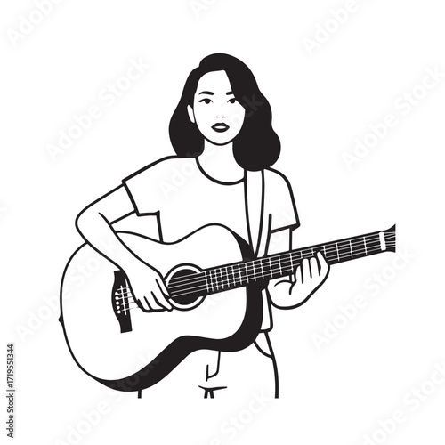 Black and white line art of a cool woman playing guitar in casual outfit minimalist stylish illustration

