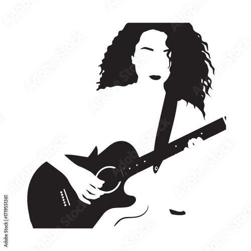 Black and white line art of a cool woman playing guitar in casual outfit minimalist stylish illustration
