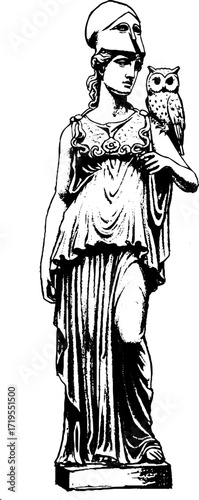Classical statue of Athena holding an owl in detailed illustration  