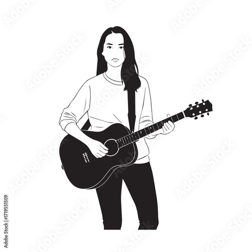 Black and white line art of a cool woman playing guitar in casual outfit minimalist stylish illustration
