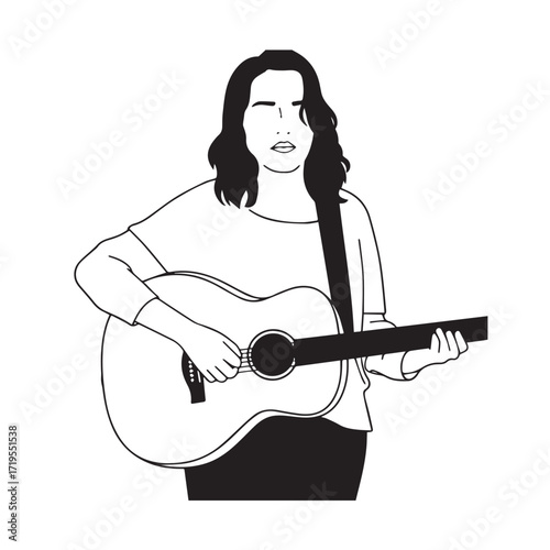 Black and white line art of a cool woman playing guitar in casual outfit minimalist stylish illustration
