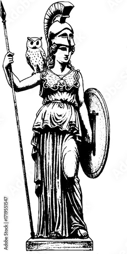 Ancient Greek goddess Athena standing with spear and owl  
